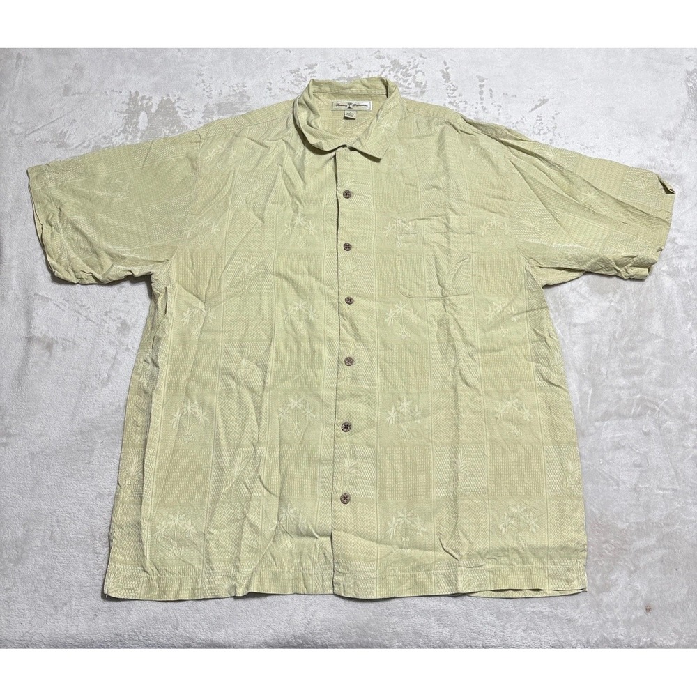 Tommy Bahama Hawaiian Silk Shirt Mens Size Large Yellow Short Sleeve Palm Trees